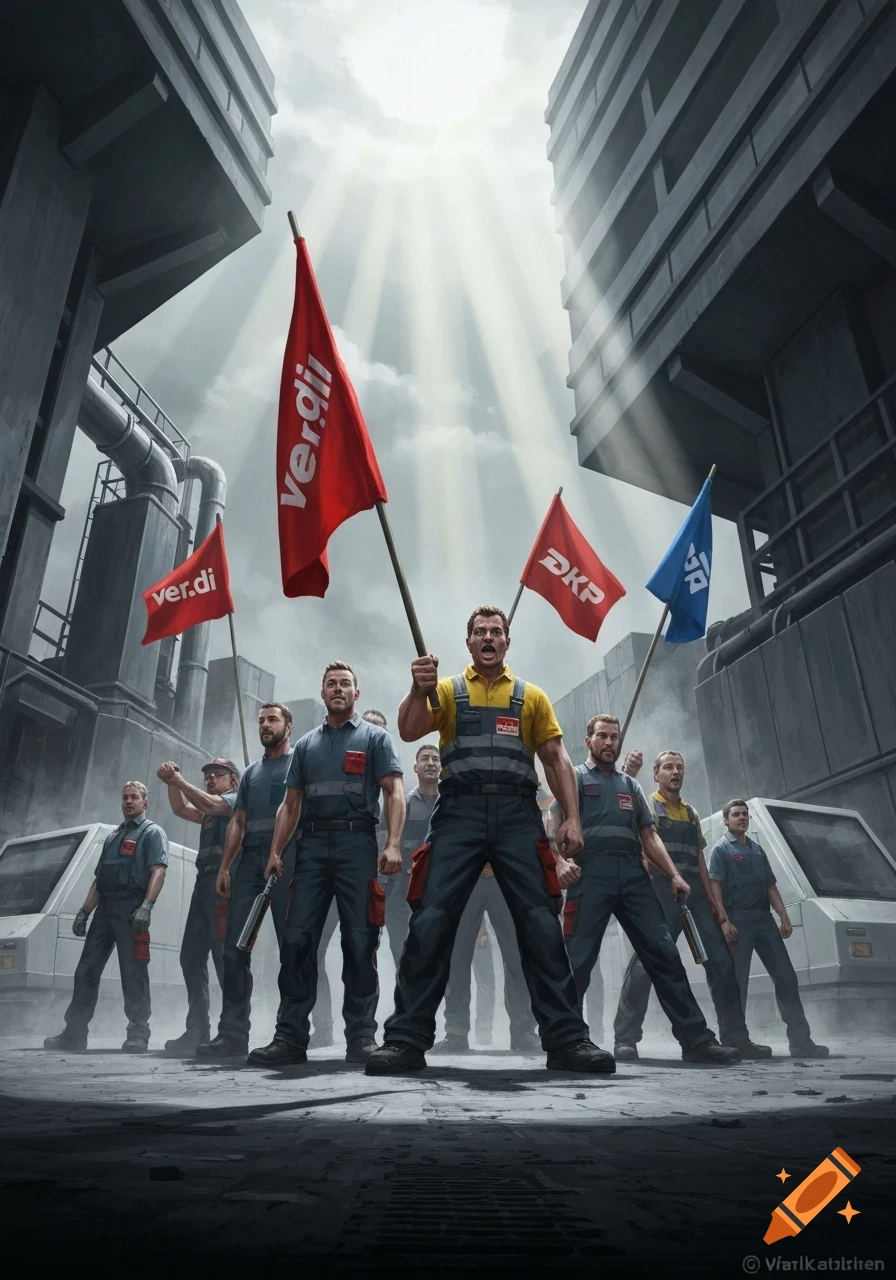 A group of determined workers in a factory setting, holding flags with "Verdi" and "DKP" logos, looking ready to protest.