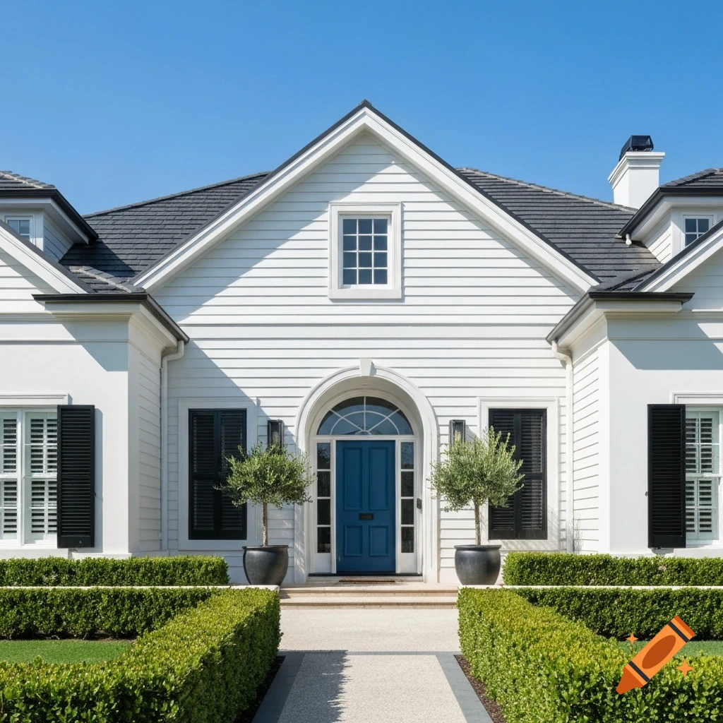 A white Hampton style house facade with a deep ocean blue front door, black shutters, and lush green landscaping under a clear blue sky.