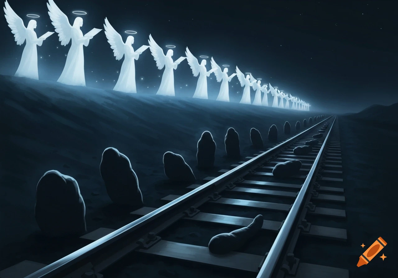 A line of glowing, white angel-like figures with halos stands on a dark slope next to railroad tracks under a starry night sky. Large, dark rock formations resembling cocoons line the tracks.