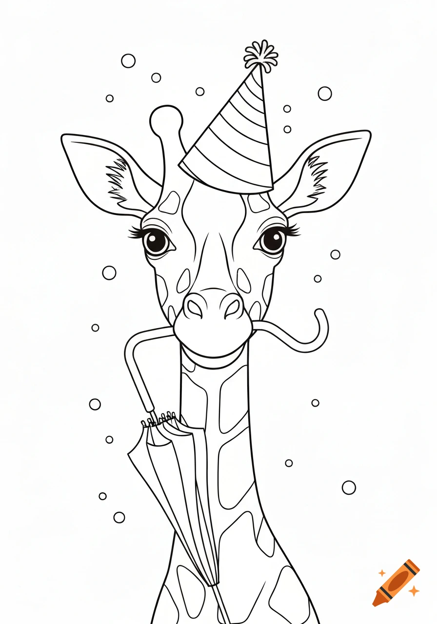 Line art coloring page of a giraffe wearing a striped party hat and holding a closed umbrella in its mouth, with scattered circles.