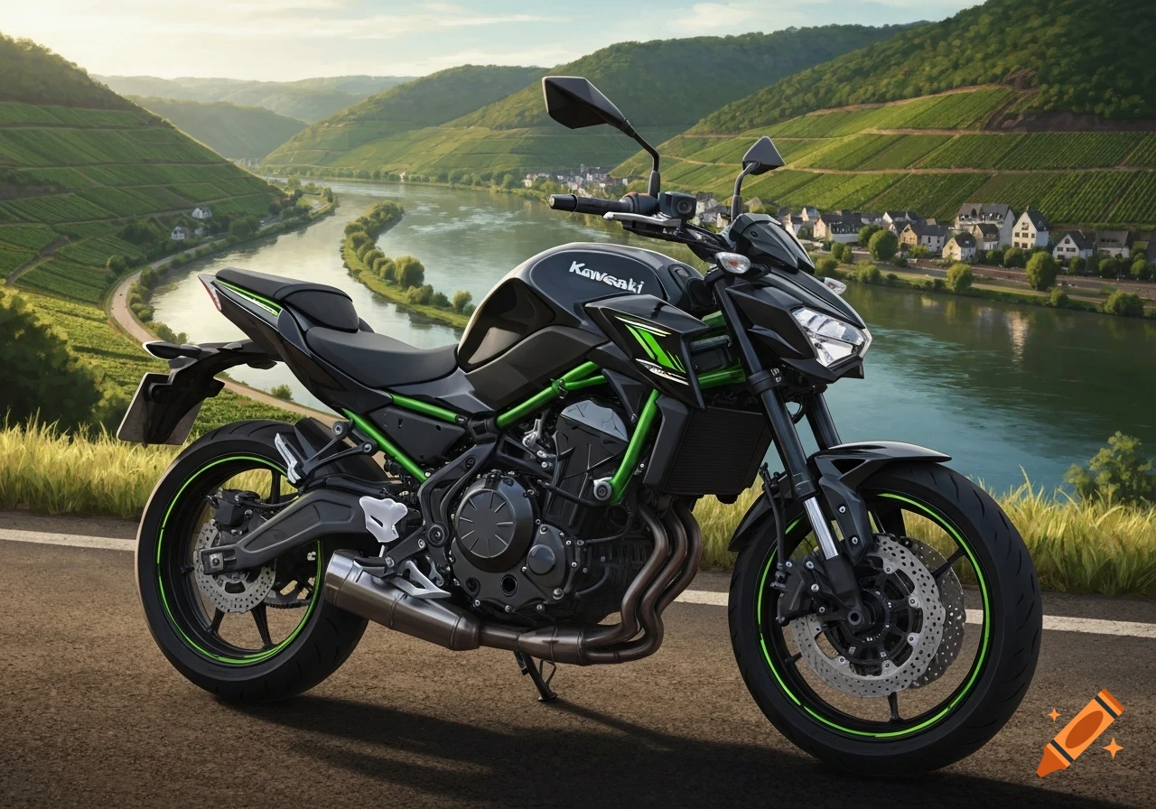Black and green Kawasaki motorcycle parked on an asphalt road overlooking a scenic river valley with vineyards and a village.