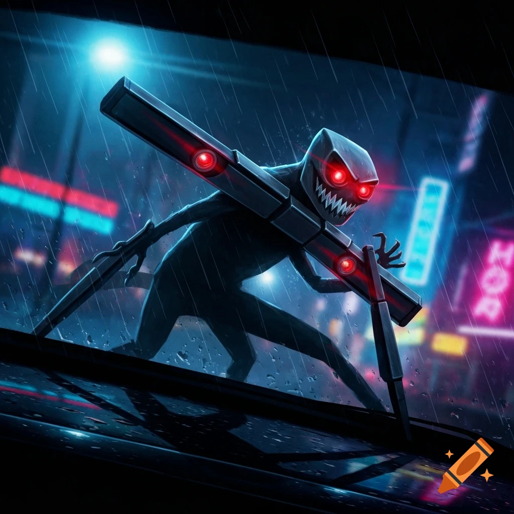 A menacing dark creature with red glowing eyes and sharp teeth, holding a weapon-like object, stands in the rain against a neon-lit cyberpunk city background.
