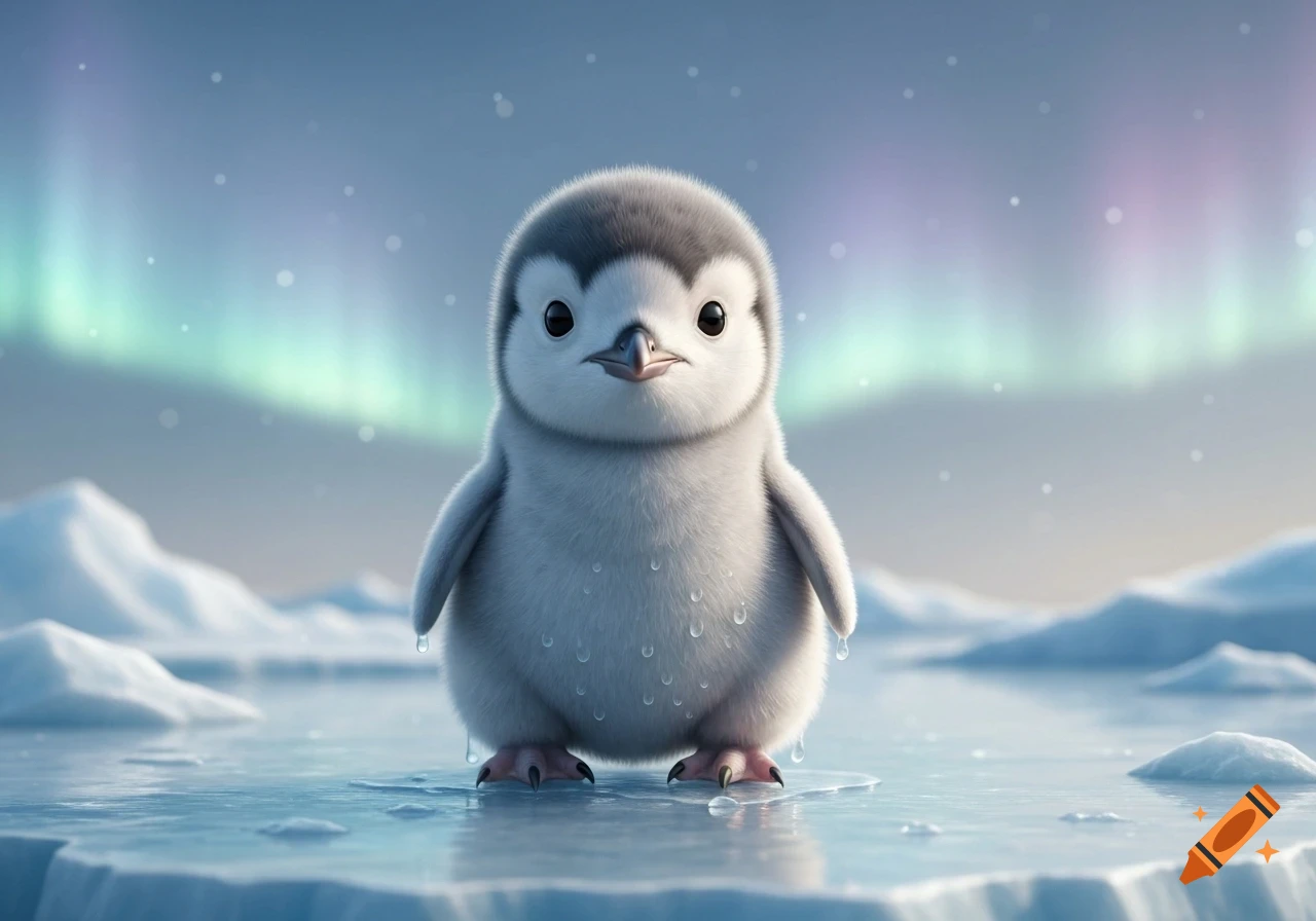A fluffy baby penguin stands on ice with water droplets, under a soft green and purple aurora borealis in an arctic landscape.