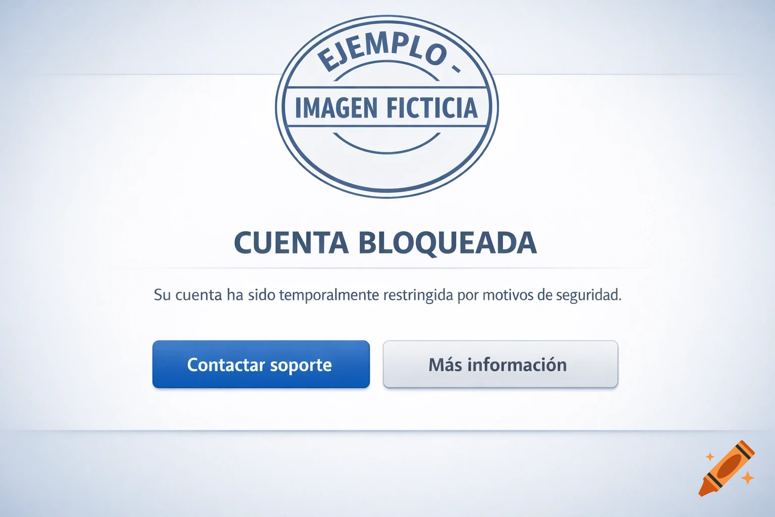 Mock-up of a blue and white 'Account Blocked' screen with "Fictitious Image" stamp and buttons for support and info.