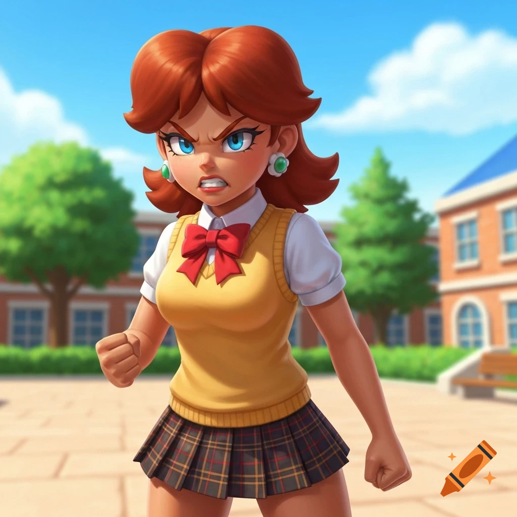 Angry Daisy from Super Mario in a school uniform with a yellow vest and plaid skirt, standing outdoors.