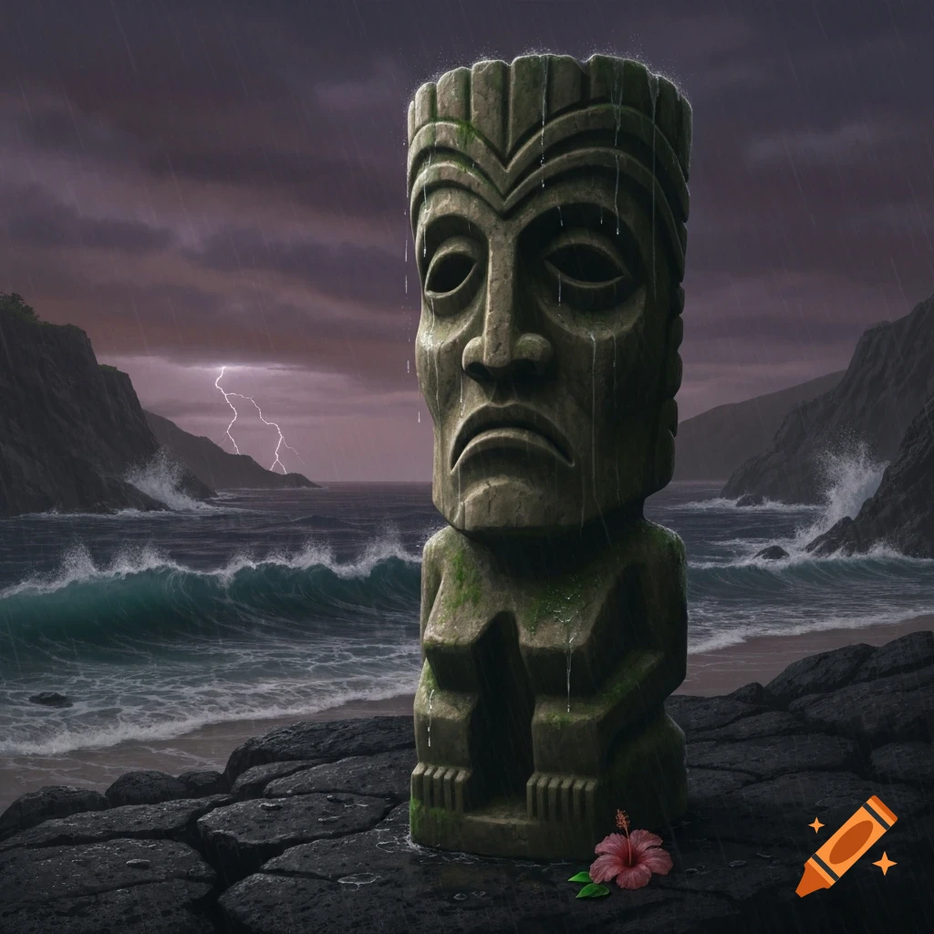 A sad tiki statue stands on a rocky beach with crashing waves during a thunderstorm, lightning flashes in the dark sky, and a red hibiscus flower lies at its base.