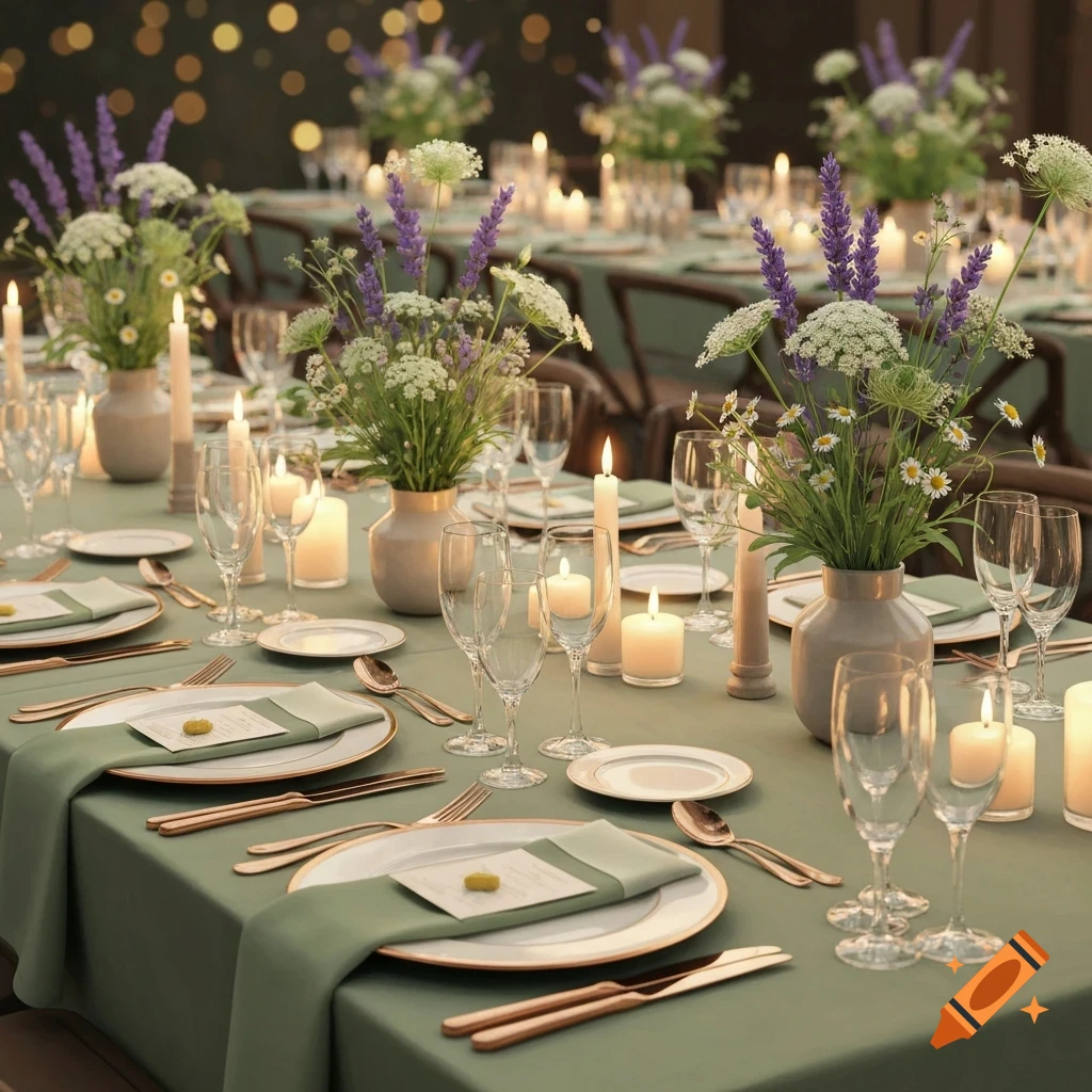 Elegant wedding tables set with sage green tablecloths, wildflower centerpieces, lit candles, and formal place settings in a warm, ambient light.