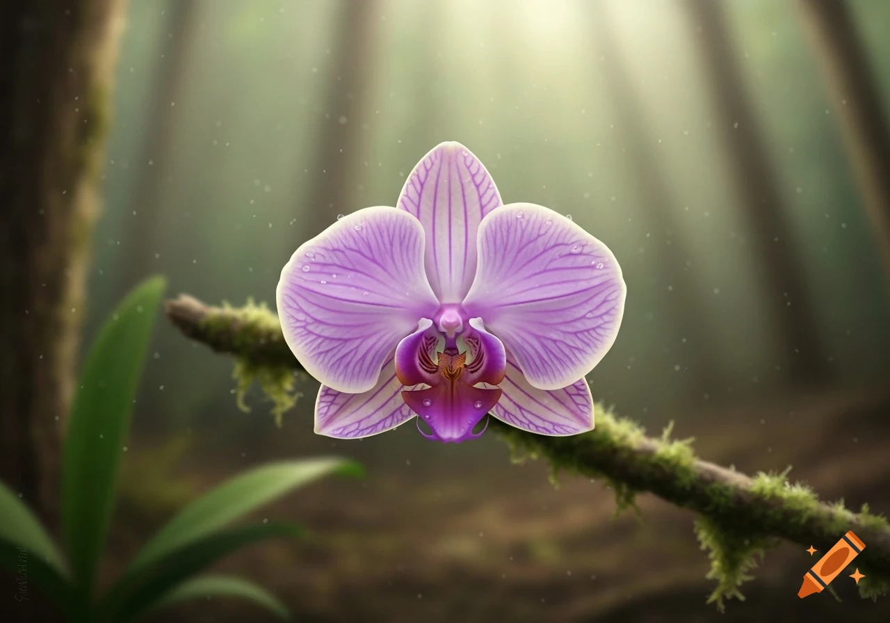A vibrant purple orchid with water droplets on its petals, illuminated by soft sun rays in a lush green forest.