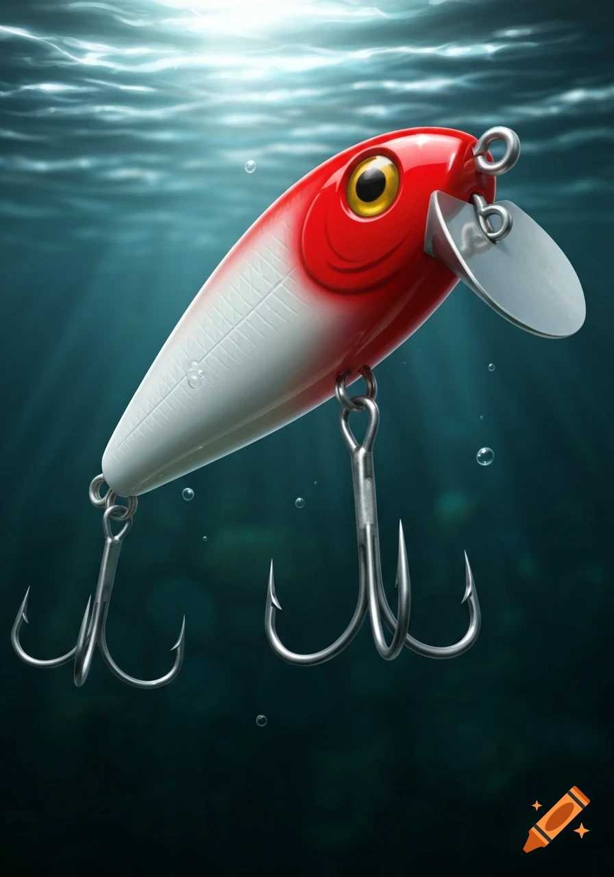 A detailed red and white wooden plug fishing lure with two treble hooks submerged in dark water, with sunlight filtering from above.