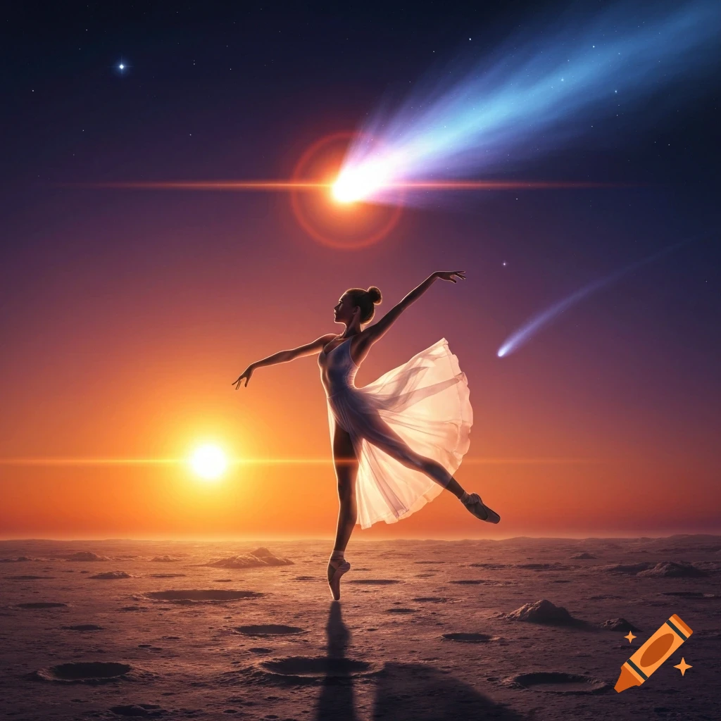 A ballerina poses gracefully on a cratered lunar surface under a surreal sky with multiple suns and bright comets.