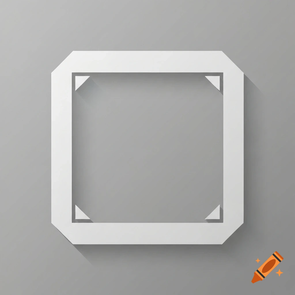 A minimalist white frame with clipped corners, casting a shadow on a grey background.