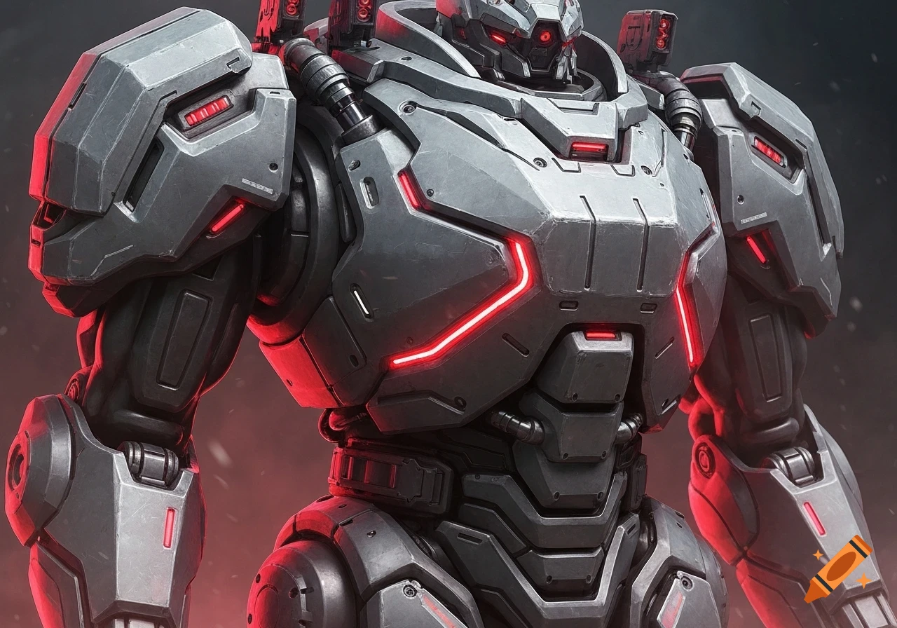 A detailed, gray sci-fi mech's upper body armor with glowing red accents.