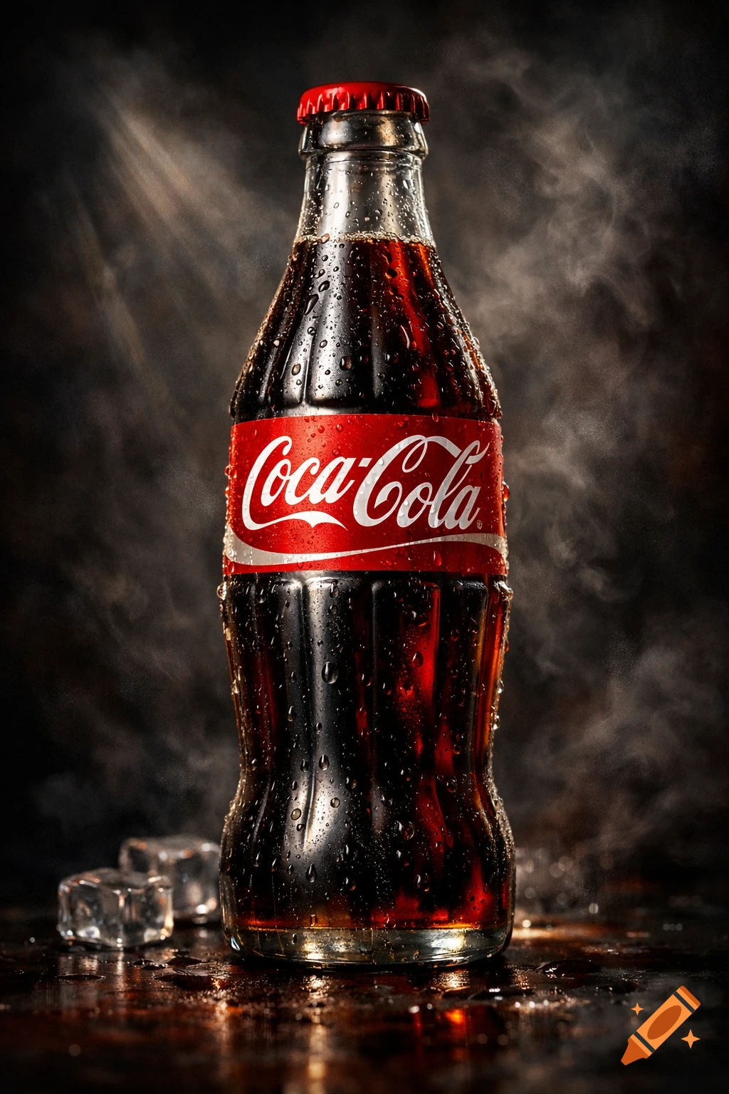 A condensation-covered Coca-Cola bottle and ice cubes dramatically lit against a dark, smoky background.