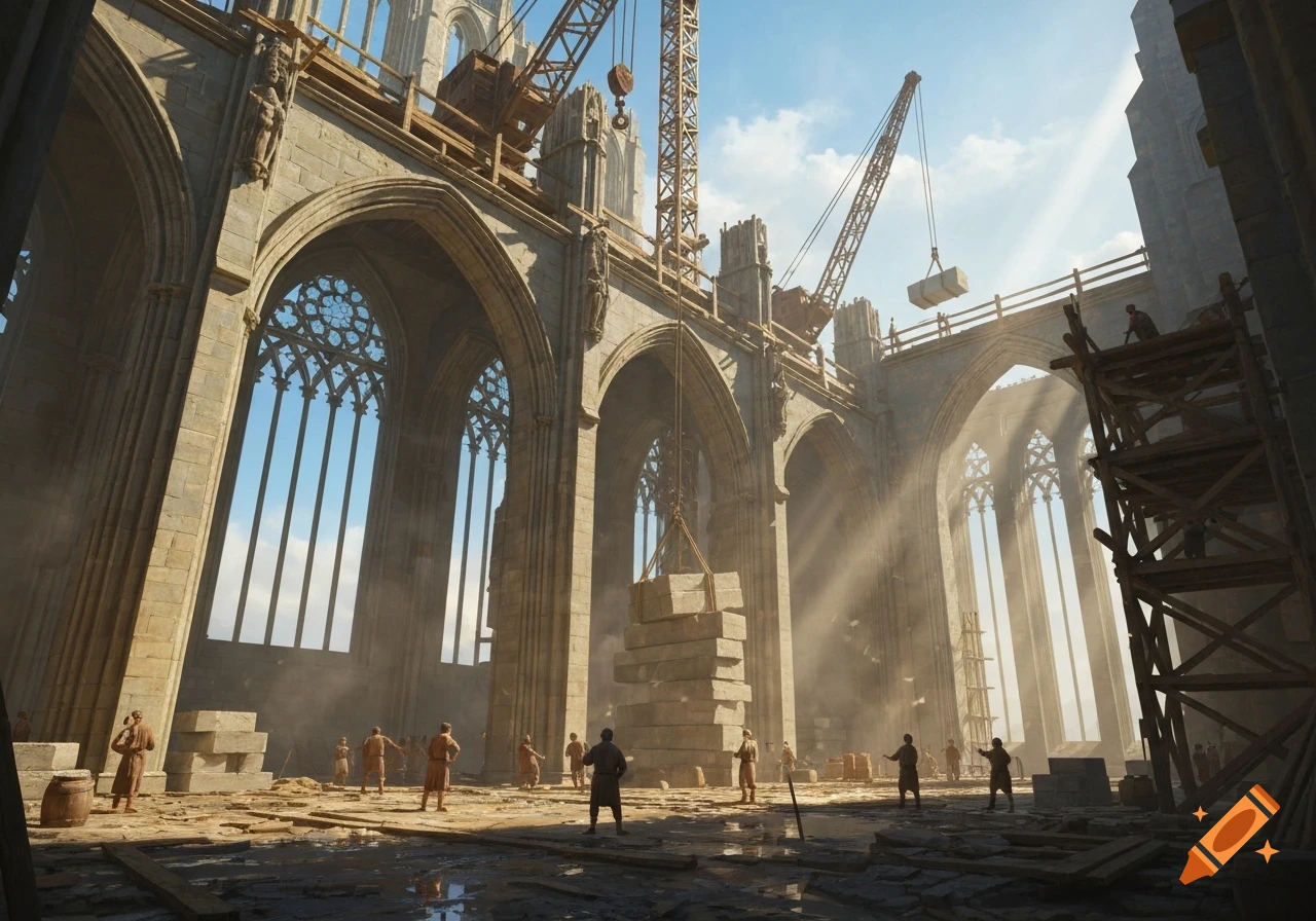 A vast gothic cathedral is under construction, with workers, cranes, and stone blocks filling the sunny, dust-filled interior.