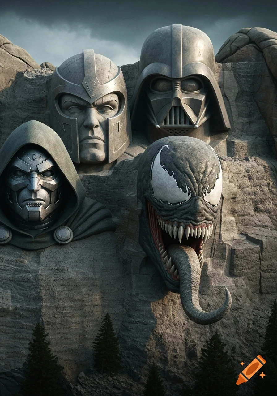 A Mount Rushmore-style monument featuring carved stone faces of Doctor Doom, Magneto, Darth Vader, and Venom.