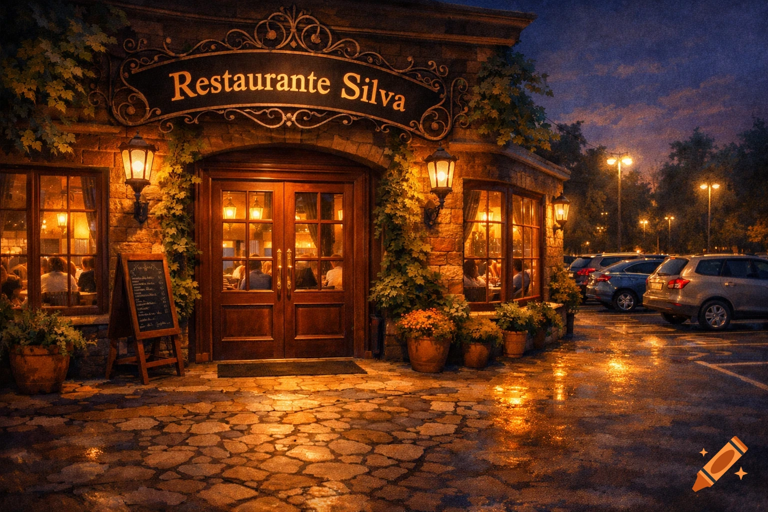 A charming restaurant at night, illuminated by warm lights, with a sign reading 'Restaurante Silva' and a wet parking lot with cars.