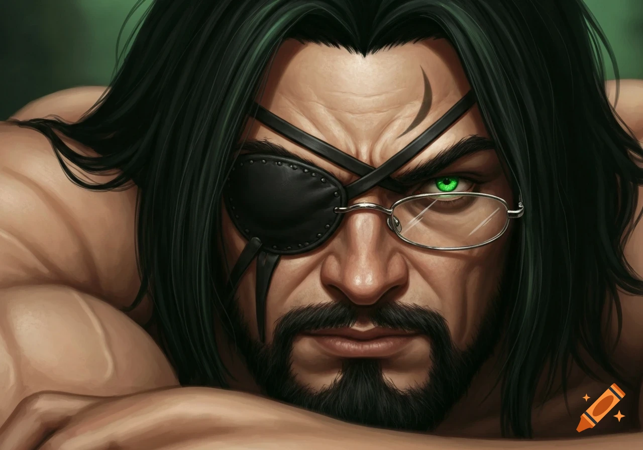 Close-up digital portrait of a man with long dark hair, beard, eye patch, one green eye with crooked spectacles, and muscular shoulders.
