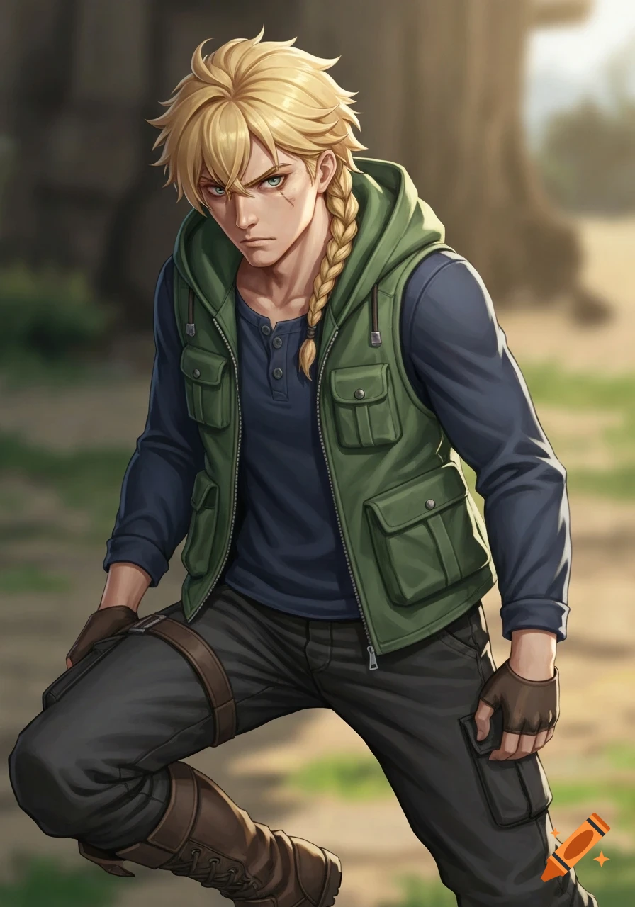 Anime male character with blonde braided hair, a green hooded vest, and dark clothing, crouching outdoors.