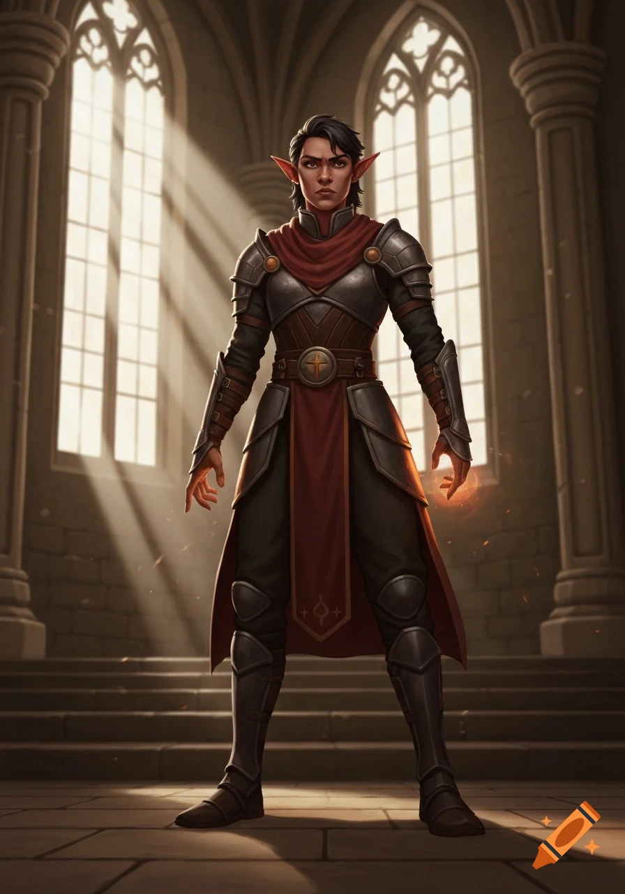 A stern half-elf cleric in plate armor and red robes stands in a sunlit gothic cathedral, with light rays streaming through tall windows.