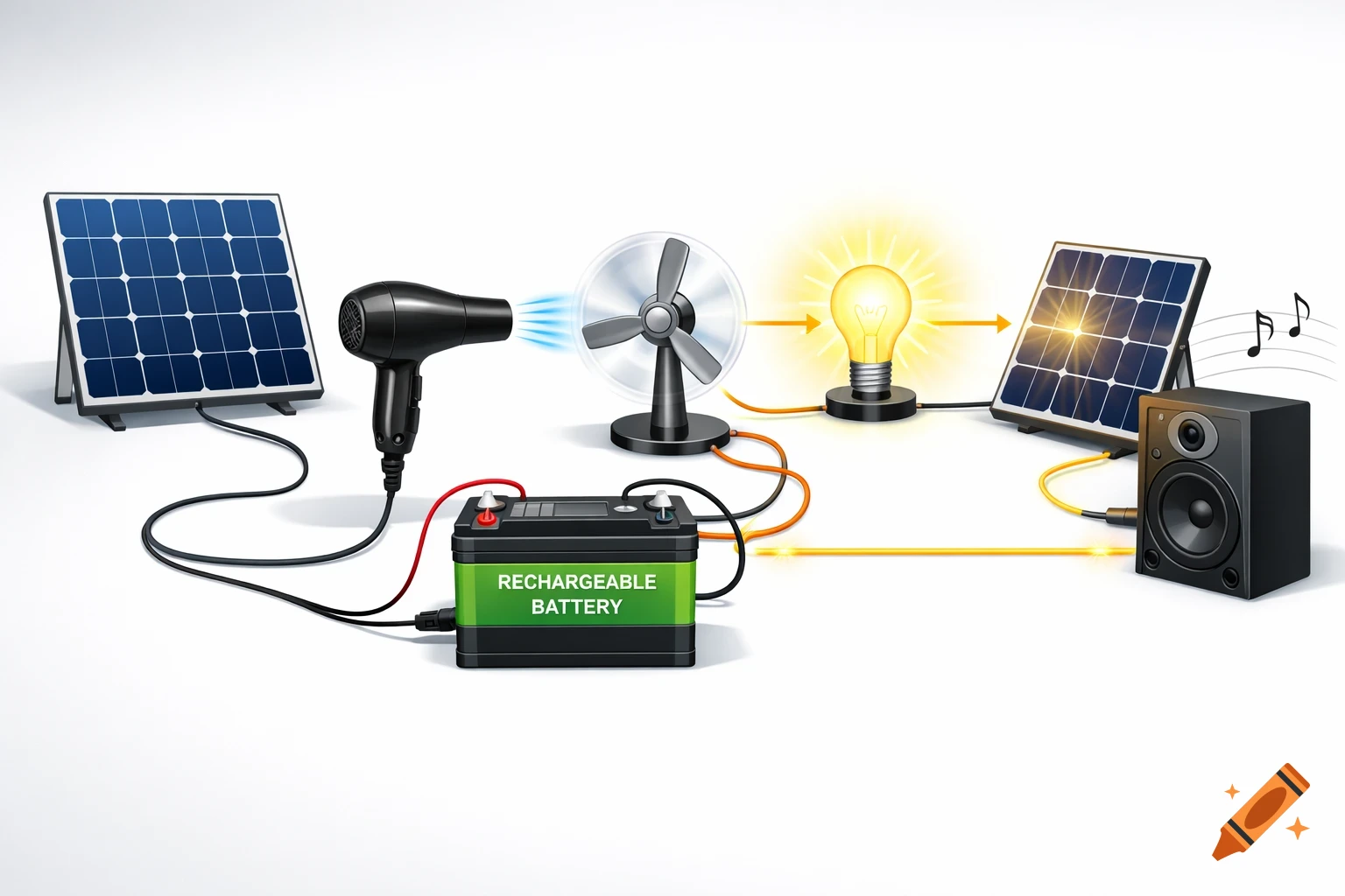Illustrative diagram of a power circuit: solar panel to battery, hairdryer to fan, fan to lightbulb, lightbulb to solar panel, solar panel to speaker.
