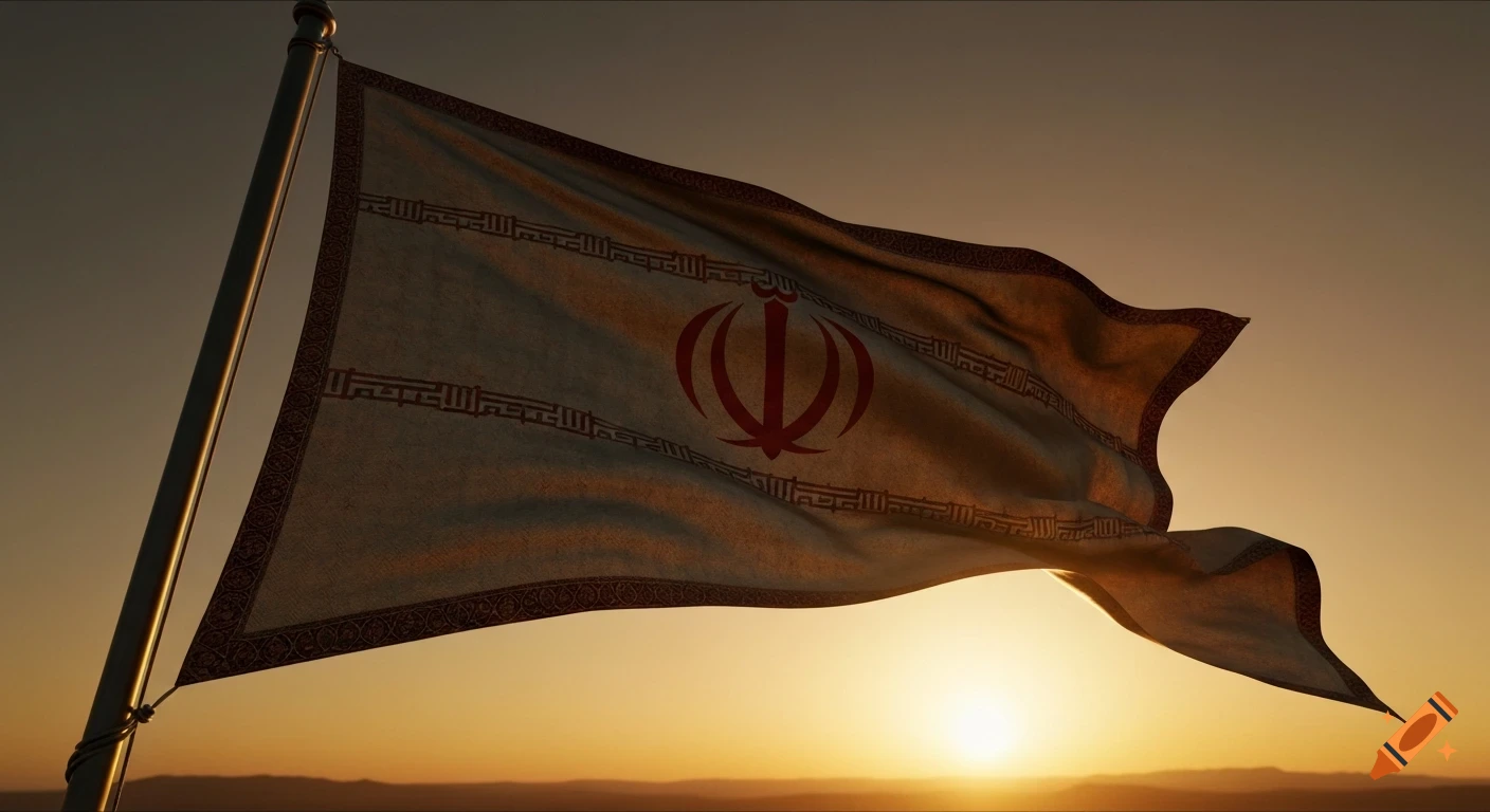 The flag of Iran waves against a warm golden sunset sky, with the sun low on the horizon. The flag's emblem and Kufic script are visible.
