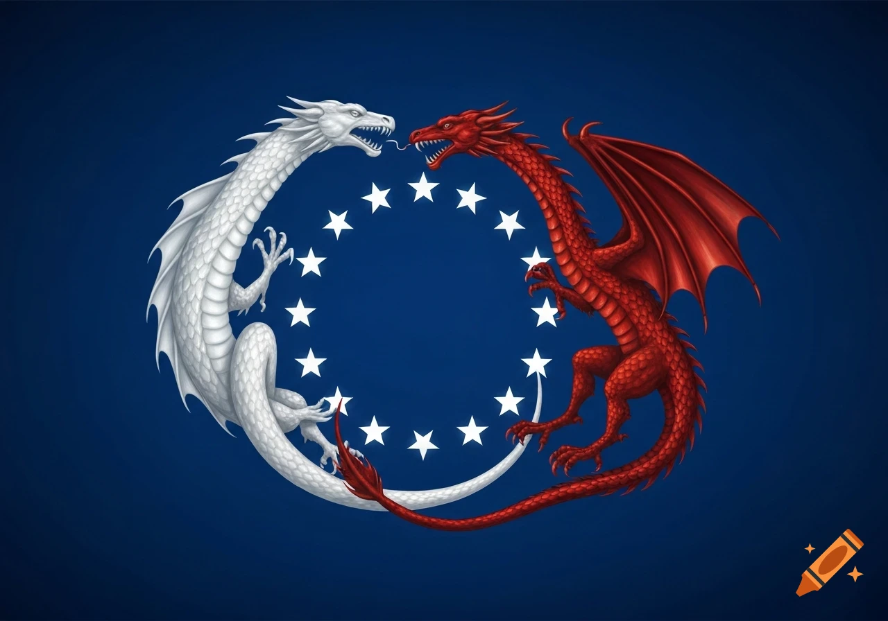 A stylized flag with a deep blue background features a white dragon and a red dragon encircling 16 white stars.