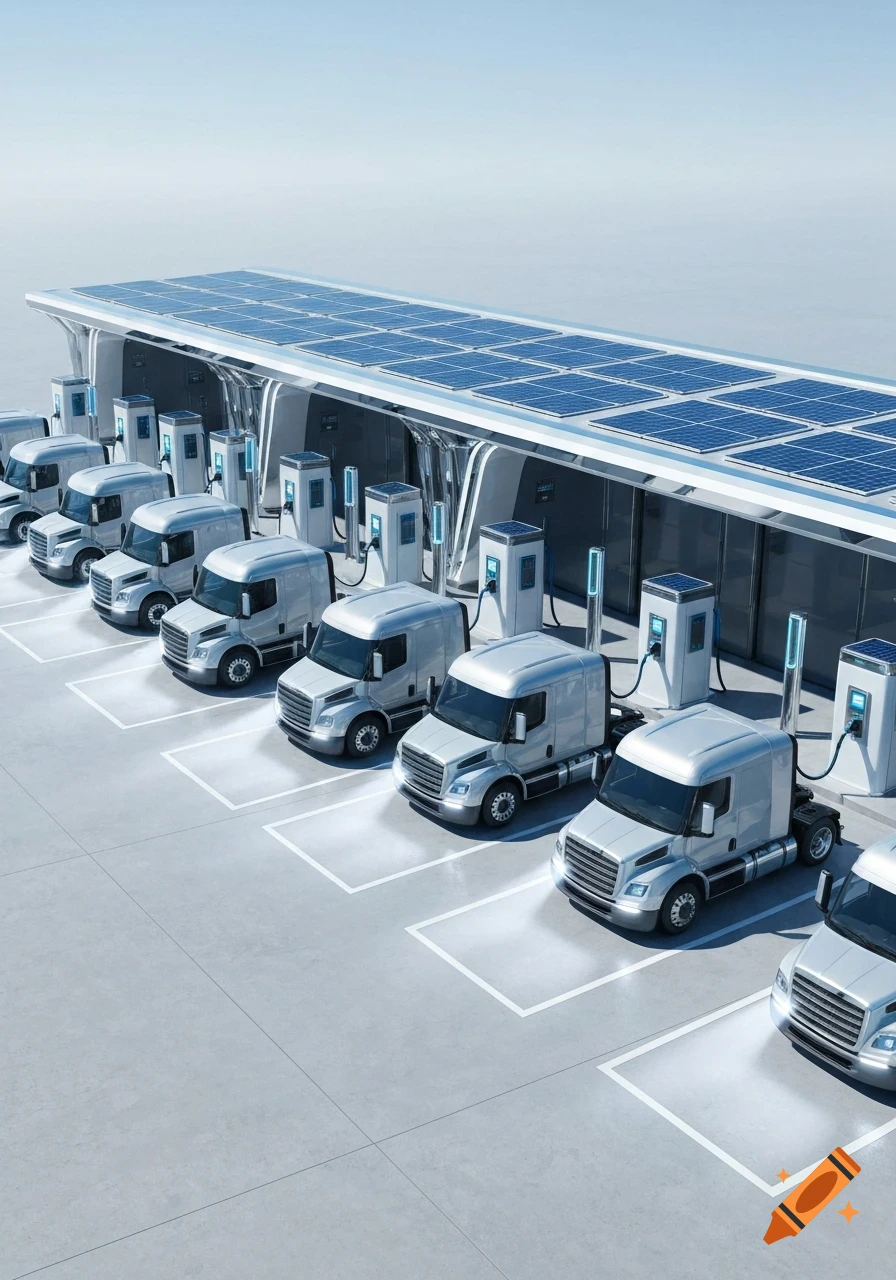 Photorealistic rendering of several electric semi-trucks charging at a modern station with solar panels overhead.