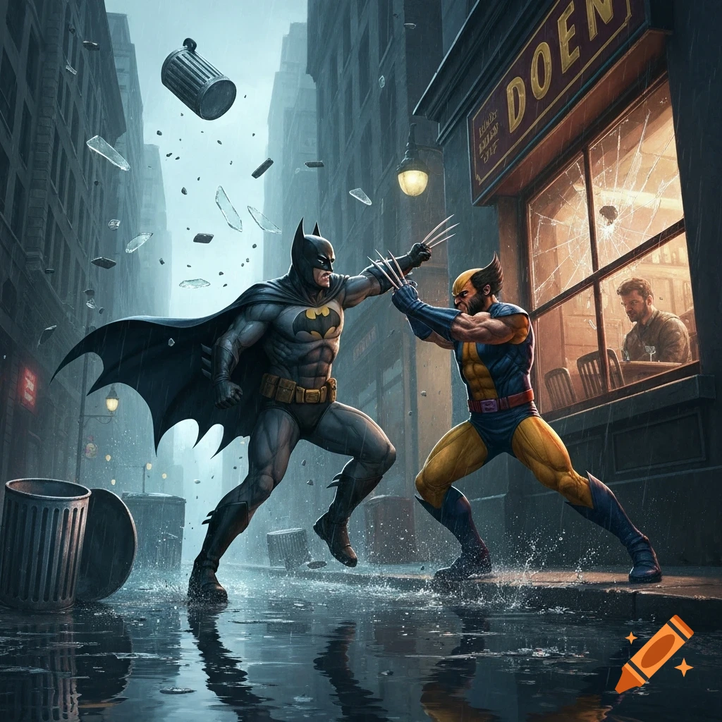Comic book style Batman and Wolverine fight in a rainy city street, surrounded by broken glass and flying debris.