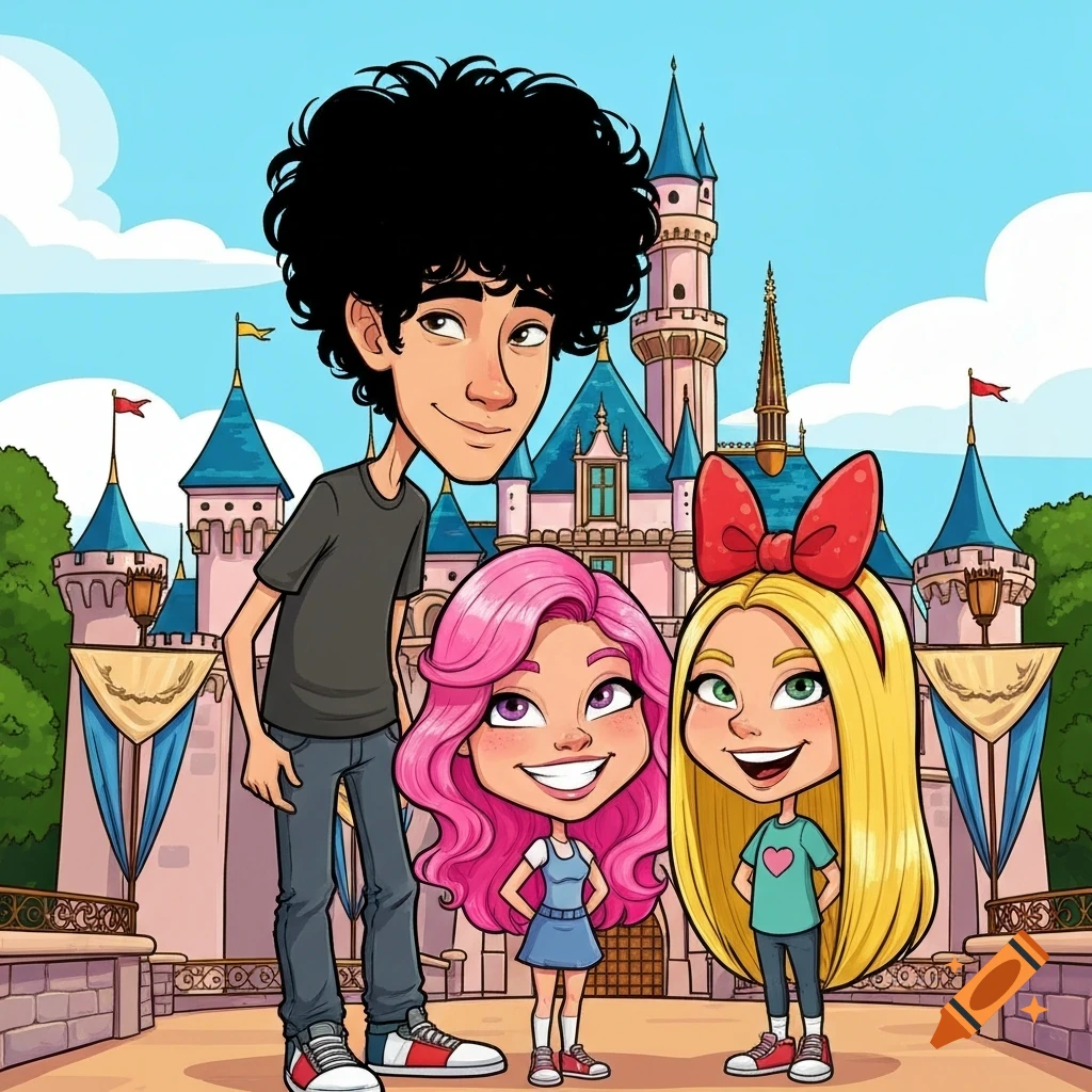 A cartoon caricature of a tall boy with black hair, a pink-haired girl, and a blonde-haired girl in front of a Disneyland-style castle.