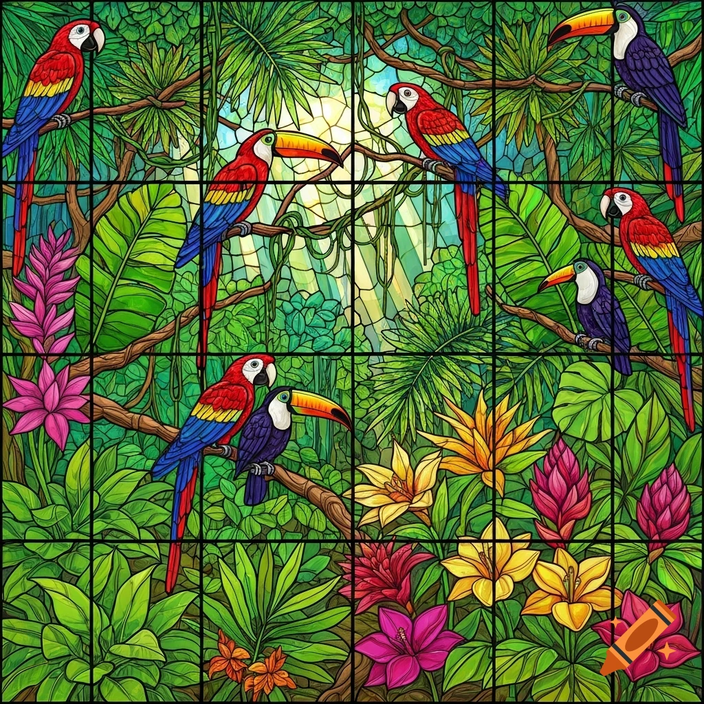 Stained glass artwork of colorful parrots and toucans perched among vibrant tropical flowers and lush foliage in a sun-dappled forest.