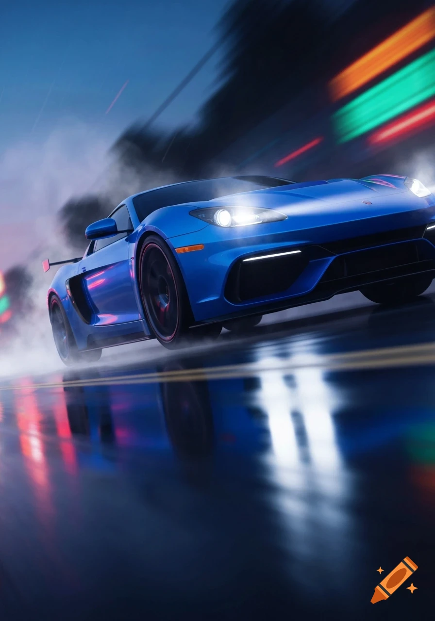 A blue sports car speeds down a wet road at night, with bright headlights and colorful motion-blurred lights in the background.