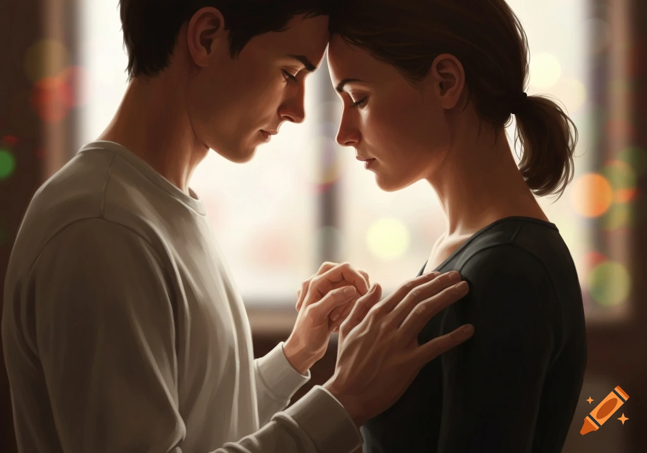 A man and woman in a tender moment, foreheads touching, his hands gently on her shoulders, in a soft-lit, stylized scene.