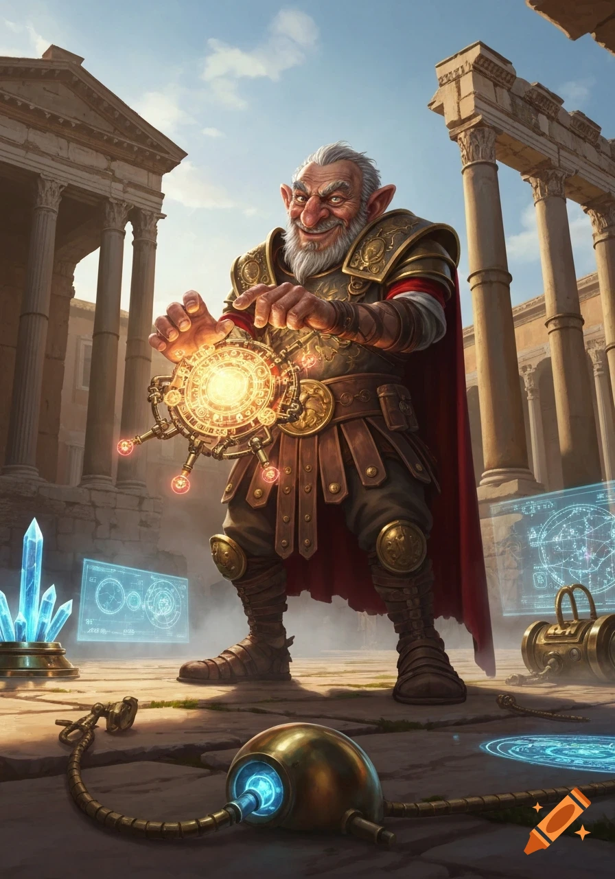 A gnome tech mage in Roman-style armor holds a glowing arcane device amidst ancient ruins with futuristic screens and crystals.