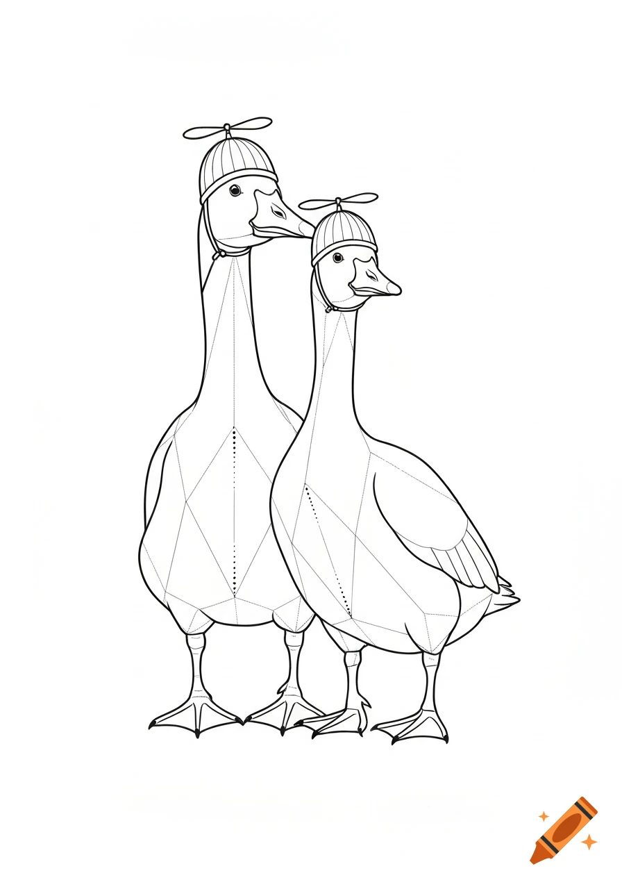 Two fineline geometric geese, father and son, wearing propeller hats.
