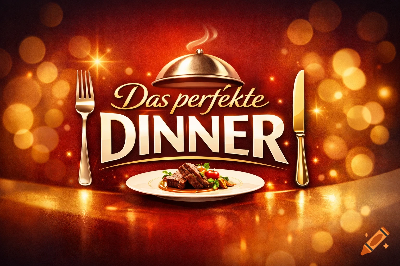 A golden title "Das perfekte Dinner" above a plate of meat and vegetables, flanked by a fork and knife, on a sparkling red background.