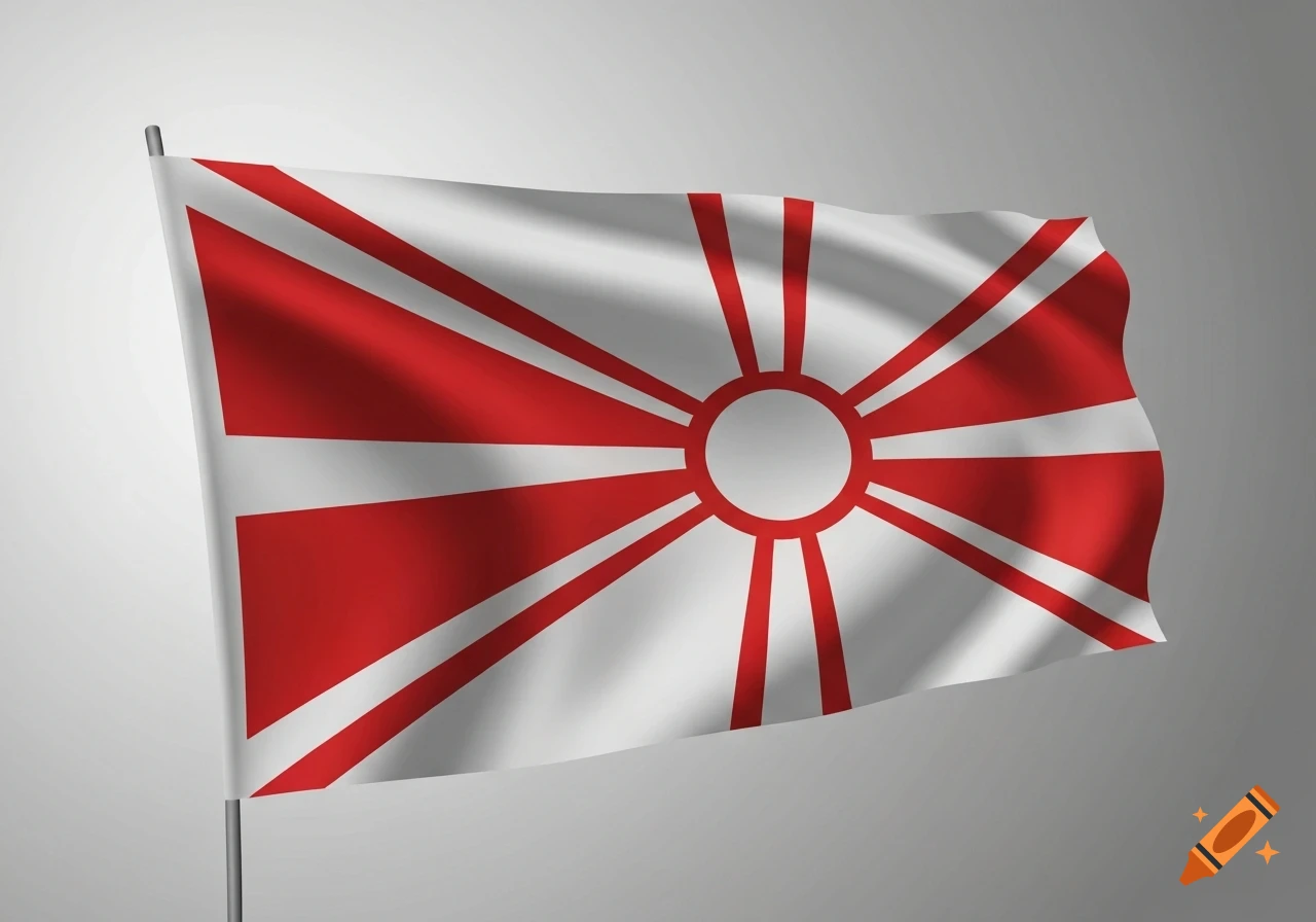 A waving flag with a white background, red sun rays emanating from a central red circle, on a flagpole.