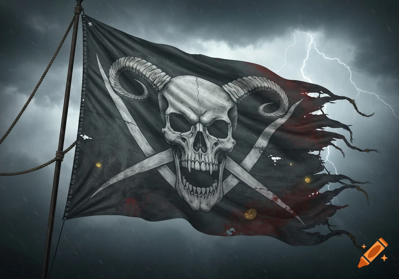 A tattered black pirate flag with a horned skull and crossed sabers waves against a dark, stormy sky with lightning.