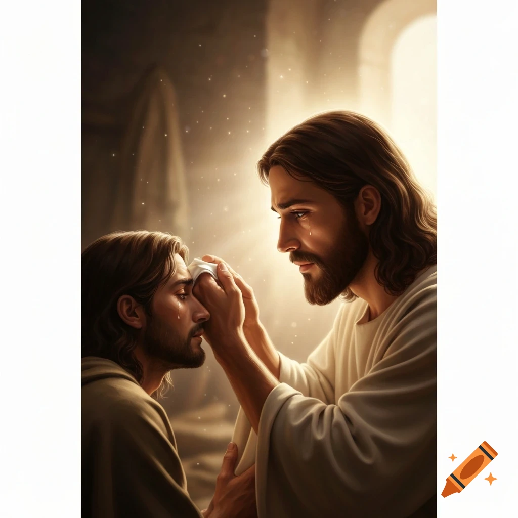 Digital painting of Jesus wiping tears from another man's face in a softly lit, spiritual scene.