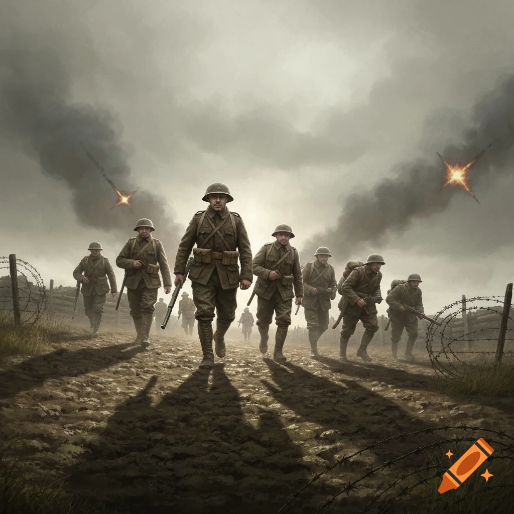 Digital painting of WWI soldiers marching on a muddy battlefield with barbed wire under a smoky sky and explosions.