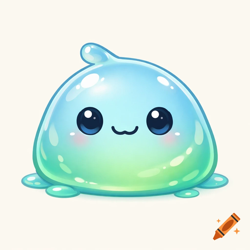 A cute, cartoonish blue and green gradient slime creature with large black eyes and a small smile, against a light background.