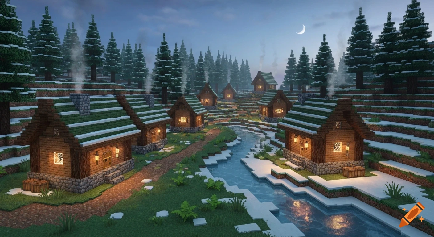 A blocky Minecraft village with wooden houses, snow-covered green roofs, a winding river, and pine trees under a crescent moon.