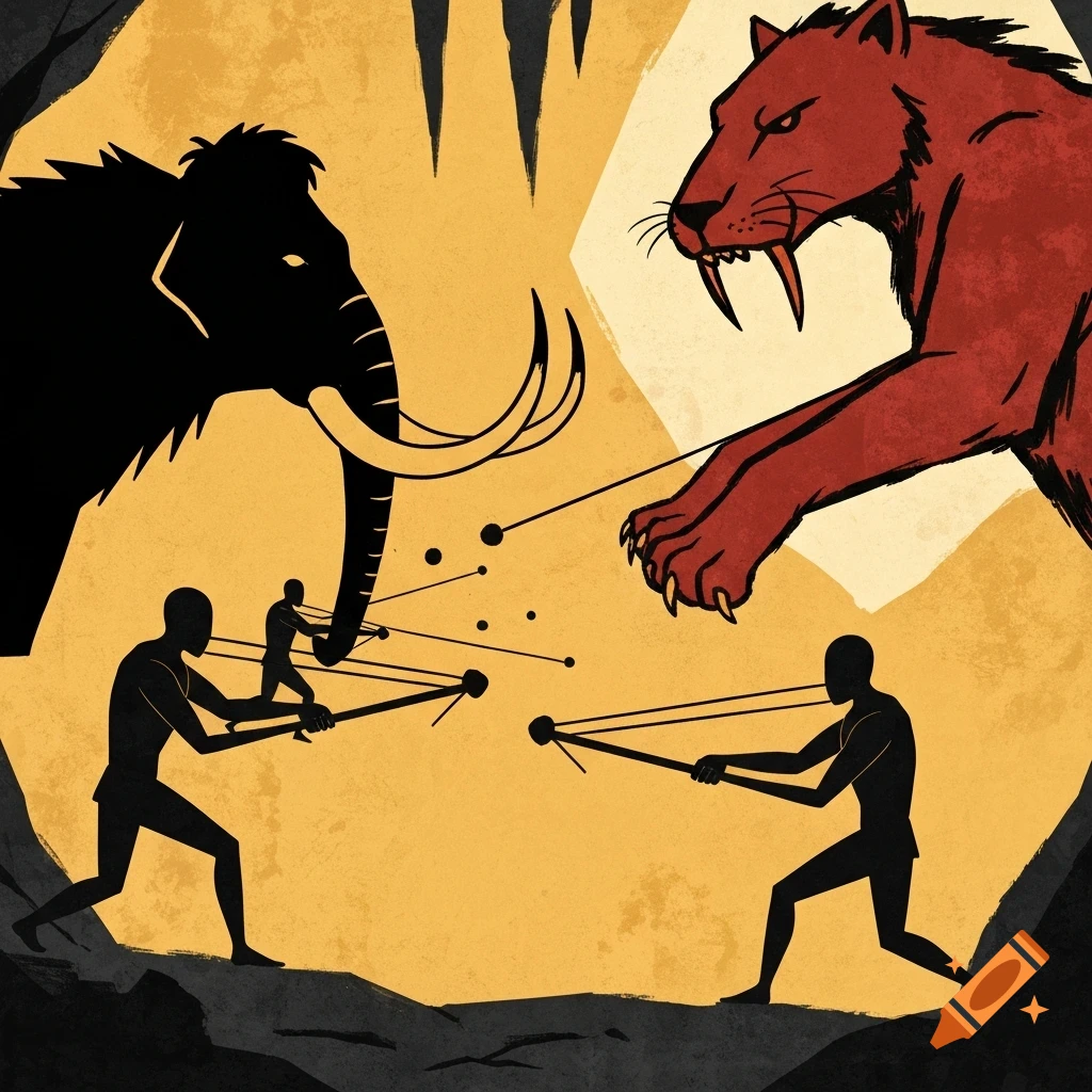 Stylized cave art illustration of prehistoric humans using slingshots to hunt a mammoth and a saber-toothed tiger.