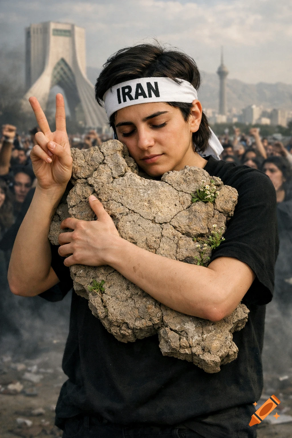 Person with 'IRAN' headband hugs a map-shaped rock, makes peace sign, with a protest crowd and Azadi Tower behind them.