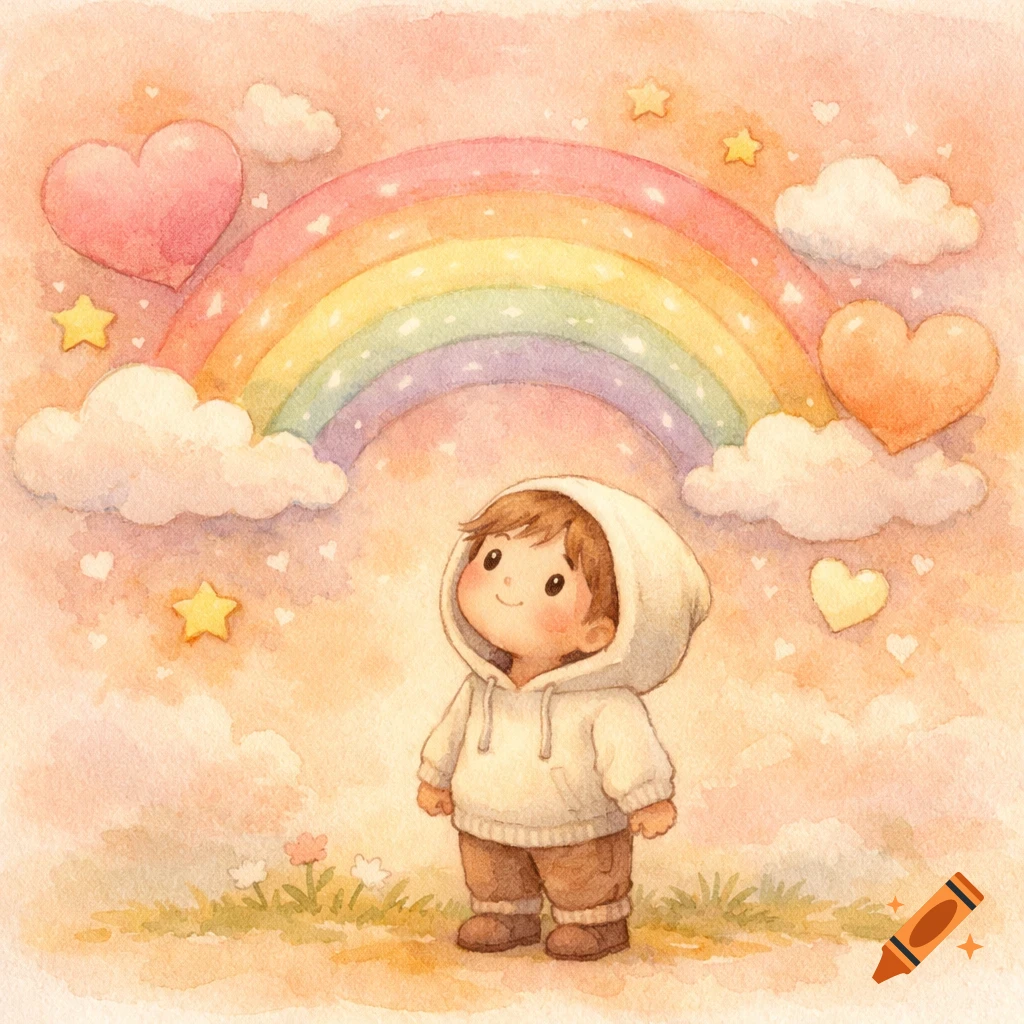 Soft watercolor illustration of a cute child in a hoodie looking up at a pastel rainbow with heart and star clouds.