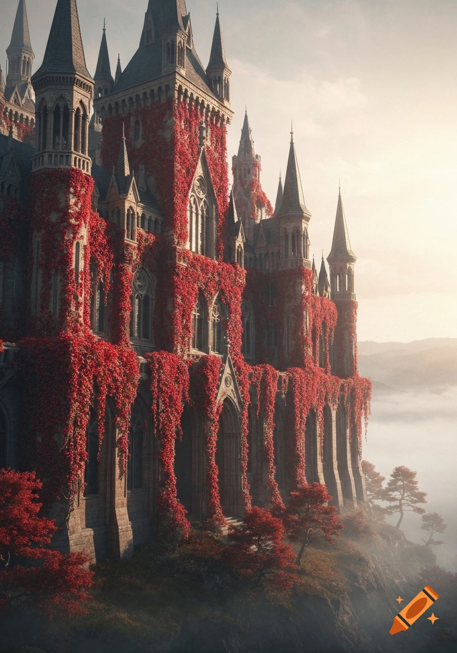 A majestic, gothic castle covered in vibrant red ivy, perched on a misty mountain peak.