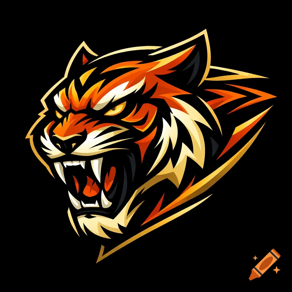 Stylized roaring tiger head logo in orange, gold, and black with sharp edges.