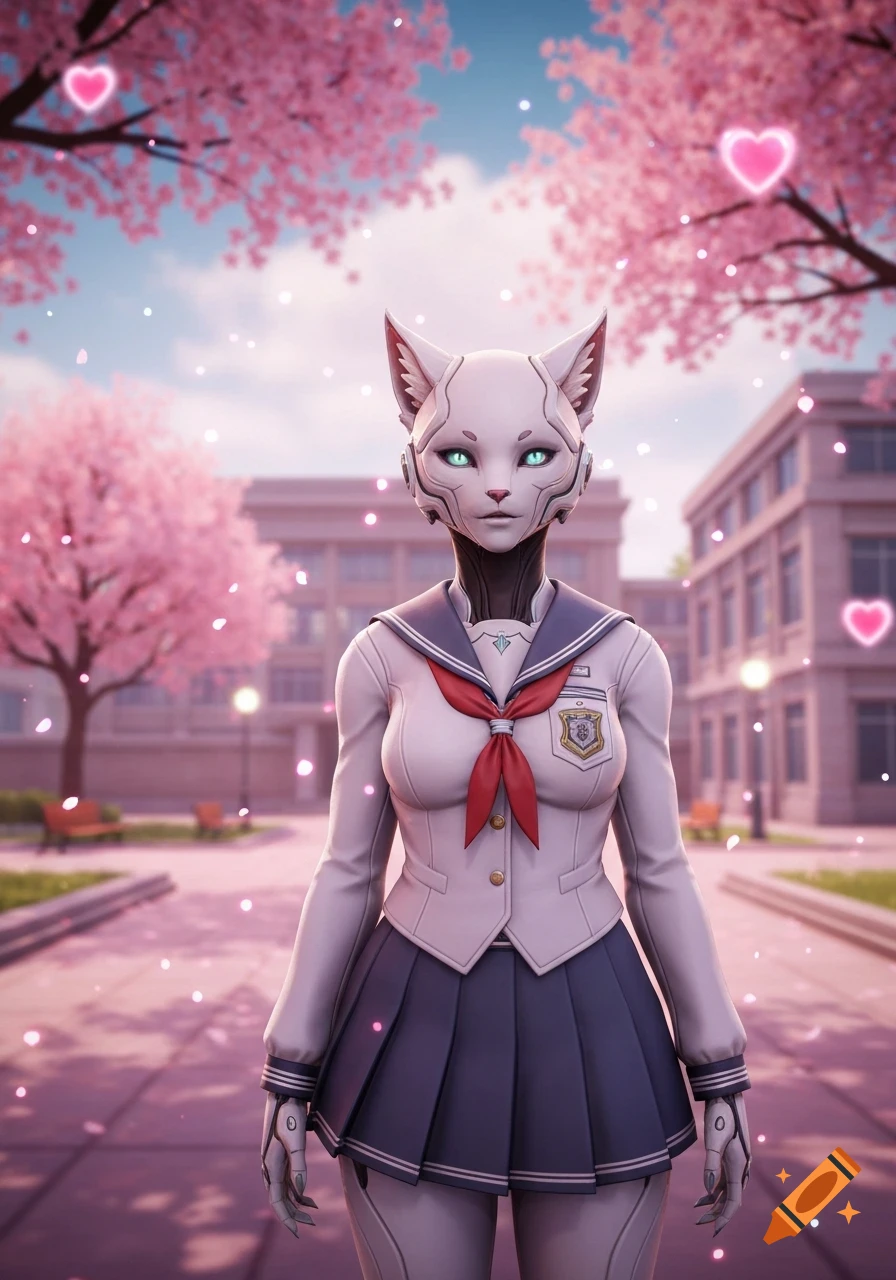 A stylized 3D rendered robotic cat-like character in a Japanese school uniform stands in a cherry blossom park.