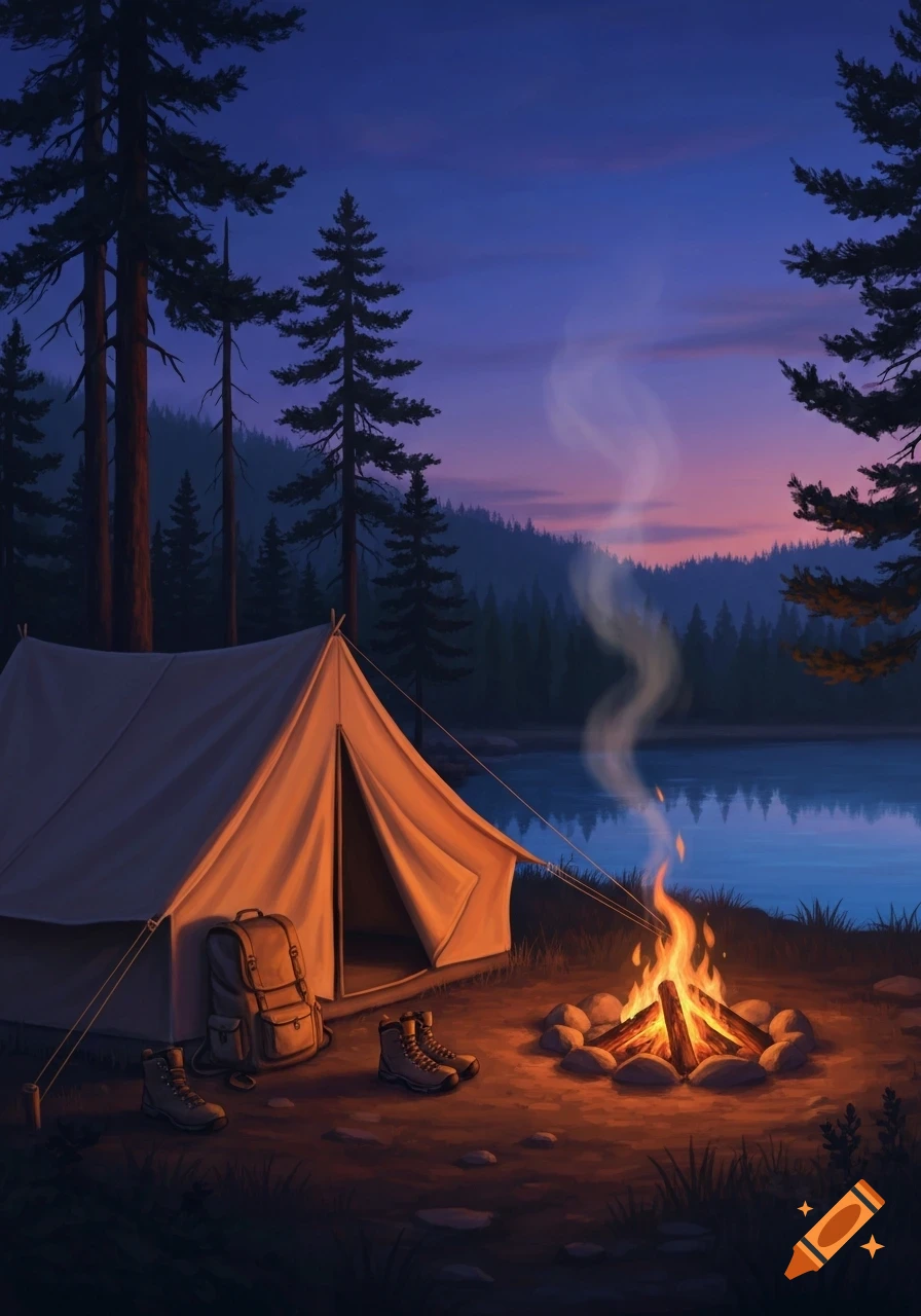 A glowing campfire illuminates a tent, backpack, and boots next to a lake in a dark forest at dusk, illustration.