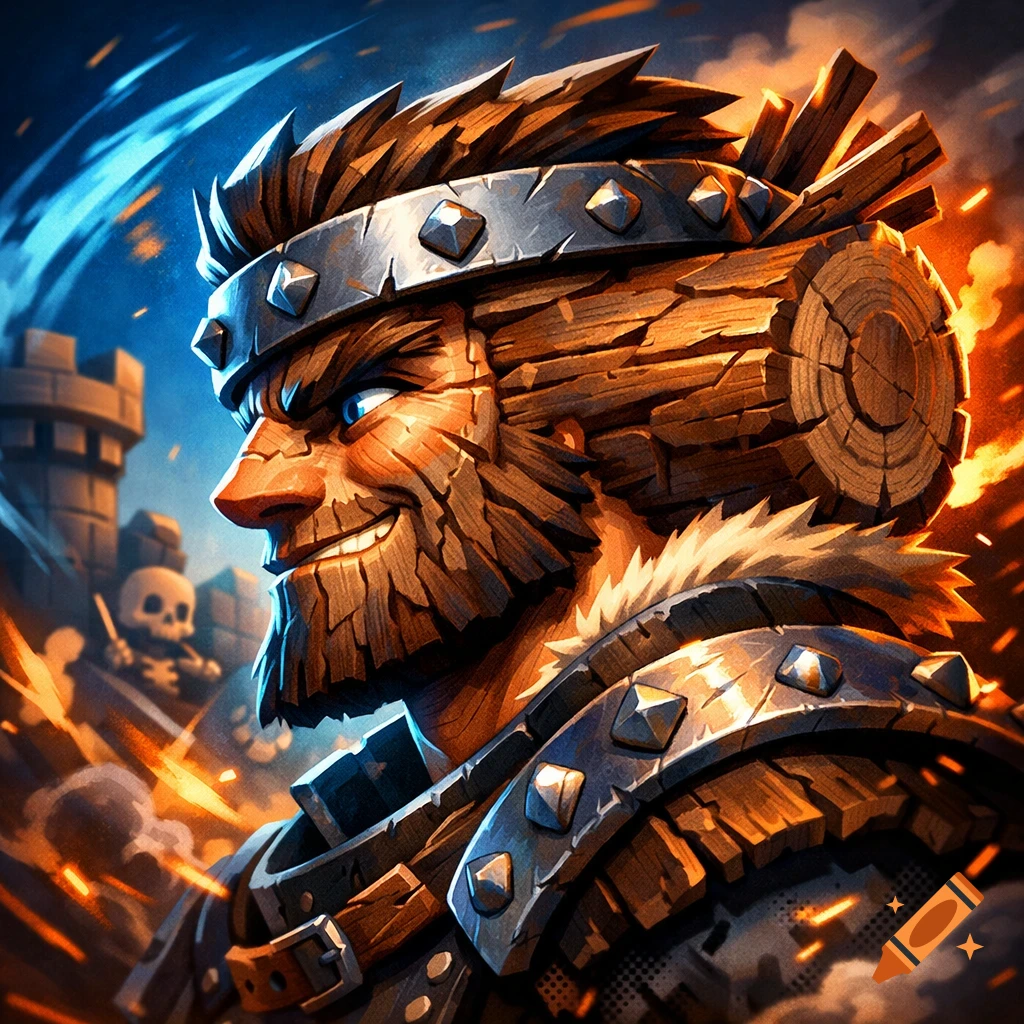 Stylized cartoon warrior with log-like hair, beard, and studded armor smiles in front of a castle under a fiery sky.