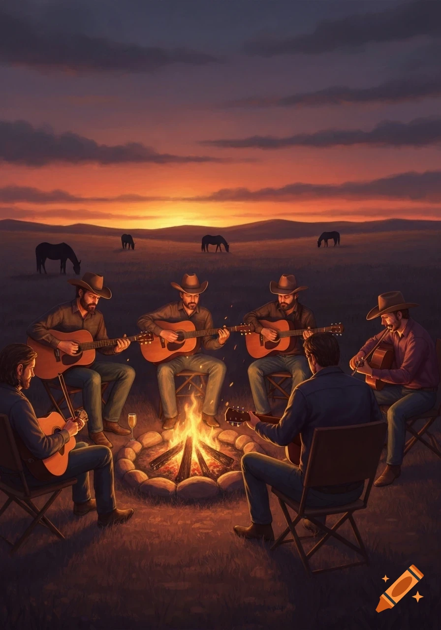 Cowboys play guitars around a campfire at sunset on a prairie with horses in the background, illustrative style.